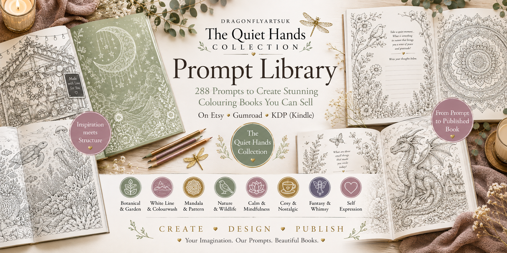 The Quiet Hands Collection — 288 prompts, one paste, a finished colouring book